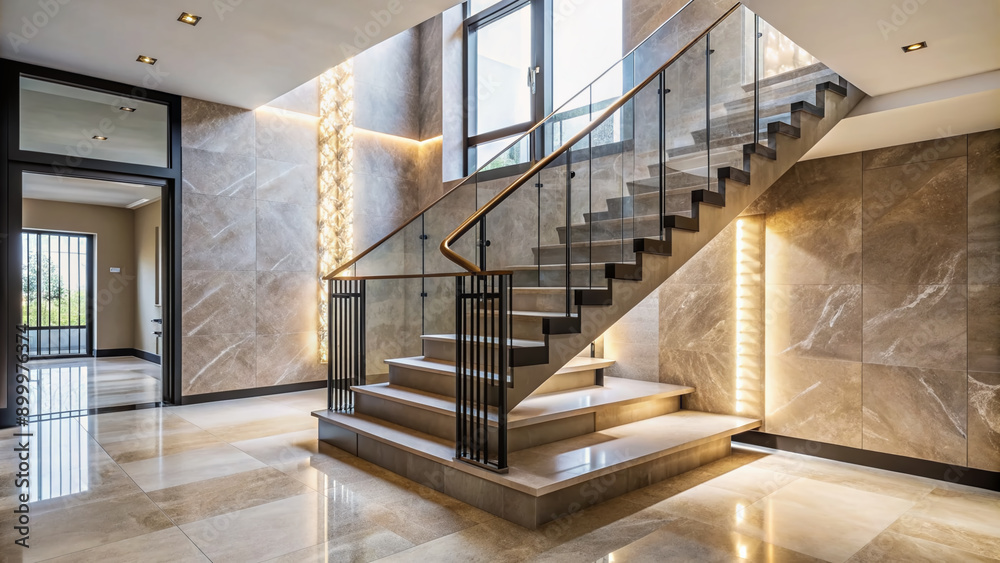 Fototapeta premium Luxury modern gray marble stone staircase with tempered glass panel and black steel handrail in beige wall living room, sunlight on granite floor, luxury, modern, gray marble, stone, stair