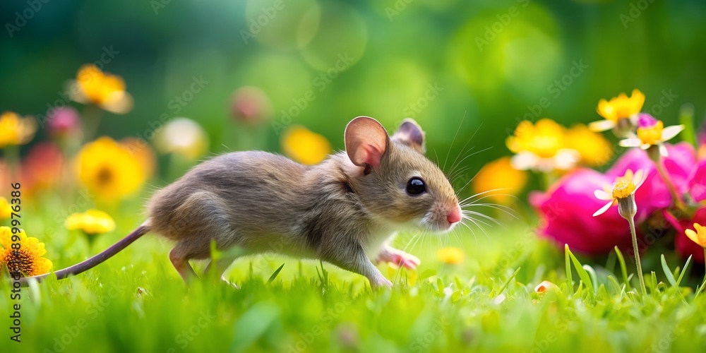 tiny mouse scurries across lush green lawn amidst vibrant flowers Generative AI, mouse, adventure, whimsical