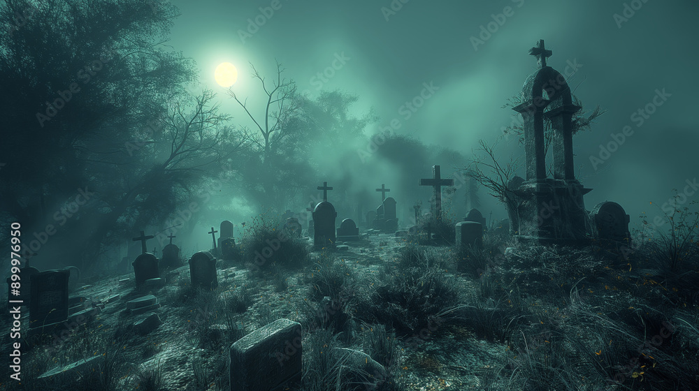 A scary graveyard scene under a giant glowing full moon with mist and tombstones, creating an eerie atmosphere of mystery and fear on Halloween night A scary graveyard scene under a giant glowing full moon with mist and tombstones, creating an eerie atmosphere of mystery and fear on Halloween night