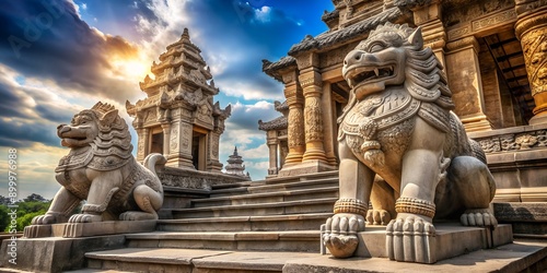 Majestic stone lions guard entrance of ancient temple AI Generative, stone, majestic, chinese, lions © boxs