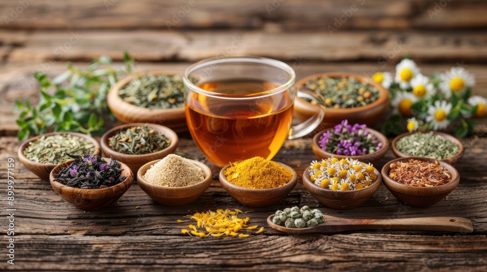 Cup of herbal tea surrounded by dried herbs and flowers on rustic wood