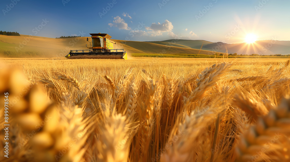 Obraz premium Golden Wheat Field Under a Clear Blue Sky with a Modern Combine
