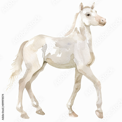 A white horse is standing in front of a white background