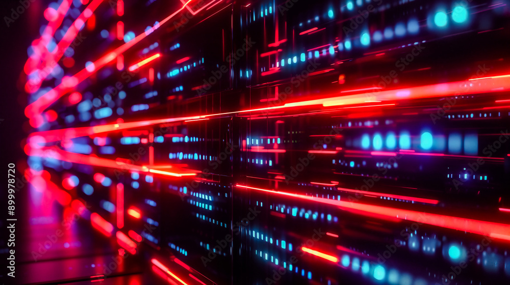Abstract digital background featuring vibrant neon lights in red and blue hues, ideal for technology and innovation themes. Abstract digital background featuring vibrant neon lights in red and blue hues, ideal for technology and innovation themes.