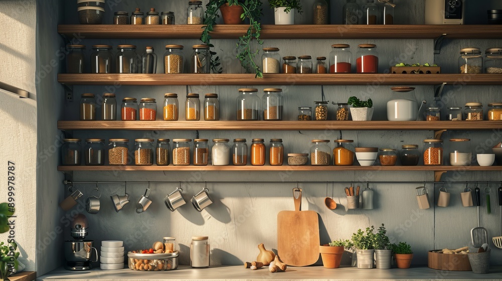 A cozy kitchen features wooden shelves lined with an array of pantry jars containing spices, grains, and herbs. The warm lighting and rustic decor create a homely atmosphere, making it an ideal A cozy kitchen features wooden shelves lined with an array of pantry jars containing spices, grains, and herbs. The warm lighting and rustic decor create a homely atmosphere, making it an ideal