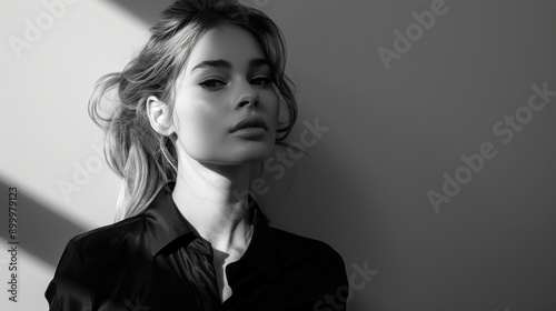 Young woman posing in black and white with shadows