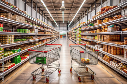 Cluttered supermarket shelves overwhelm a vacant shopping cart, vacant checkout lanes, and empty aisles, conveying anxiety about inflated prices and the struggle to make ends meet. photo