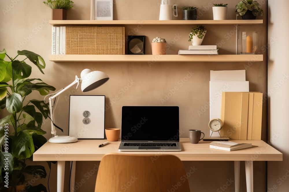 A home office with a desk, chair, and shelves, perfect for working from home. A home office with a desk, chair, and shelves, perfect for working from home.