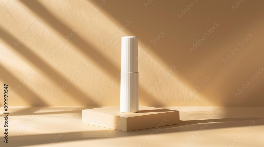 White cosmetic tube standing on a pedestal with sunlight casting shadows