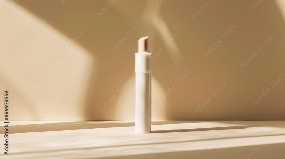 Single lip balm tube standing on minimalist background with window light Single lip balm tube standing on minimalist background with window light