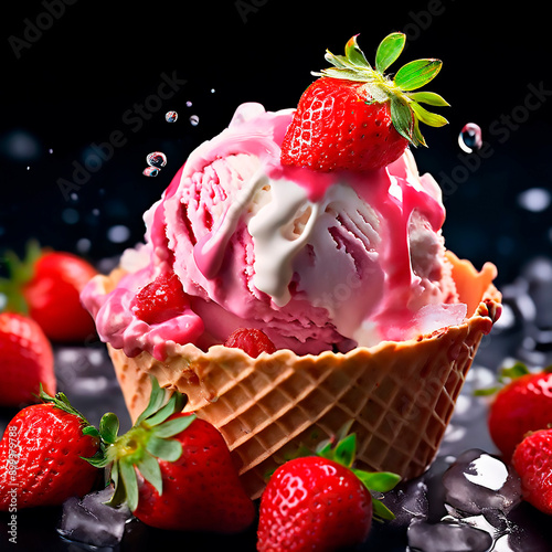 Freshness in every bite, scoops of ice cream and strawberry