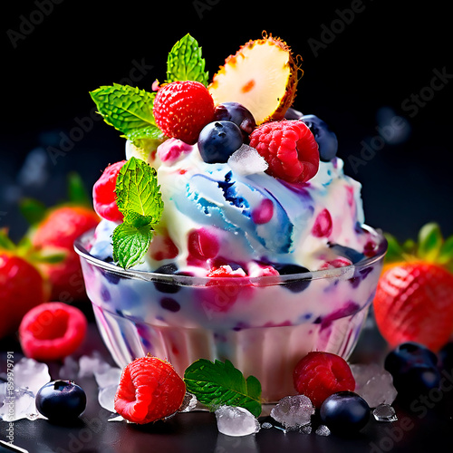 yogurt with berries and mint, glass of ice cream with various fresh fruits on top.