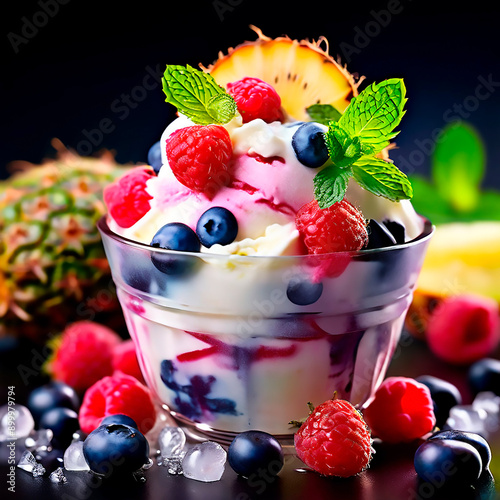 yogurt with berries and mint, glass of ice cream with various fresh fruits on top.
