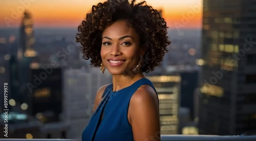 Happy wealthy rich successful black businesswoman standing in big city modern skyscrapers street on sunset thinking of successful vision, dreaming of new investment opportunities