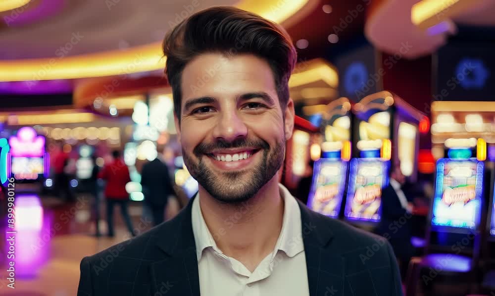 Pet portrait video of a grinning man in his 30s wearing a classic blazer against a casino or gaming floor background Pet portrait video of a grinning man in his 30s wearing a classic blazer against a casino or gaming floor background