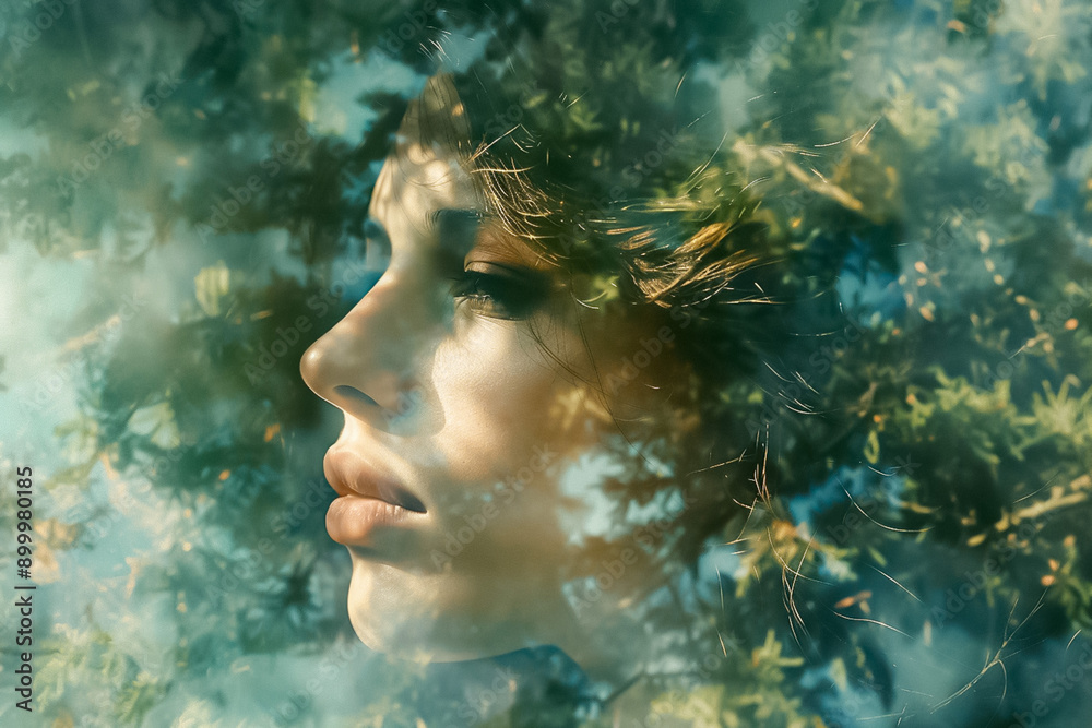 A woman's face is reflected in the leaves of a tree A woman's face is reflected in the leaves of a tree