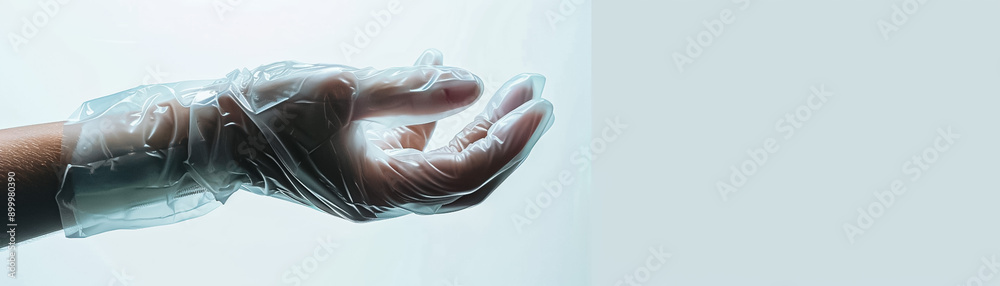 Naklejka premium A hand wearing a plastic glove