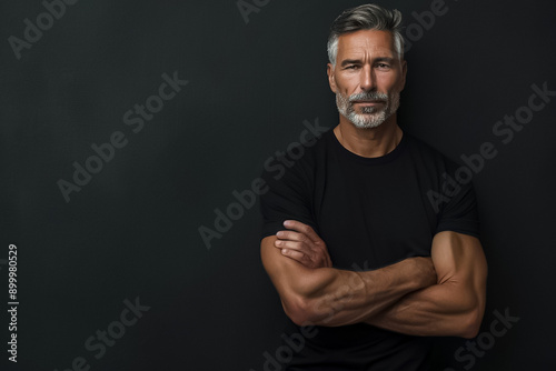 A man with a beard and gray hair is standing in front of a black wall