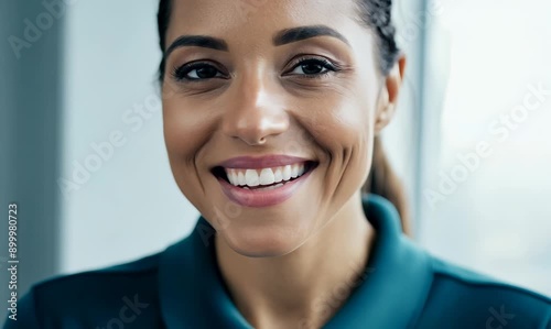 Close-up portrait video of a satisfied woman in her 30s wearing a sporty polo shirt against a minimalist or empty room background