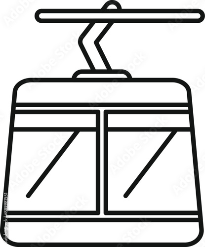 Minimalist line drawing of a funicular cabin hanging from a cableway, moving upwards