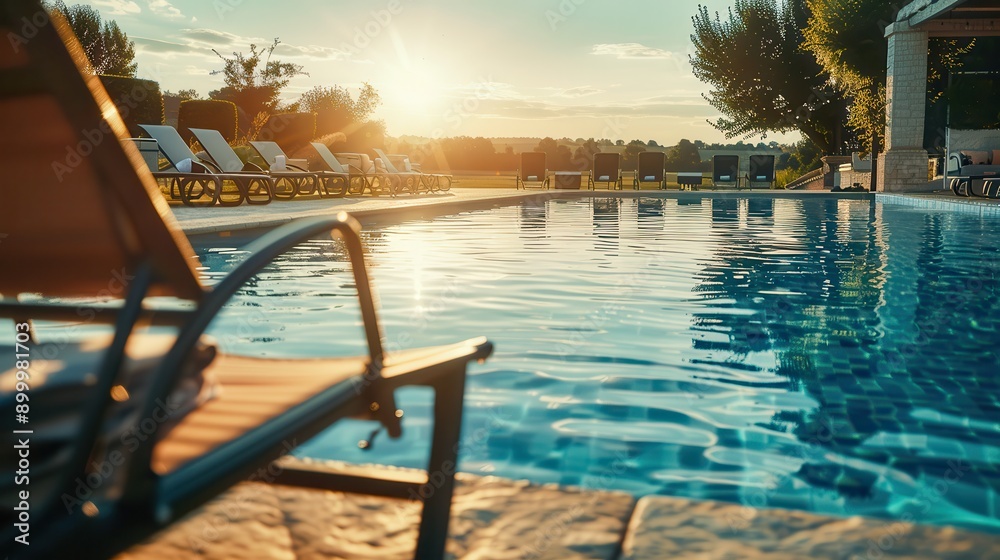 Fototapeta premium Luxurious swimming pool with sun loungers next to an elegant building on a warm, cloudless day, with palm trees