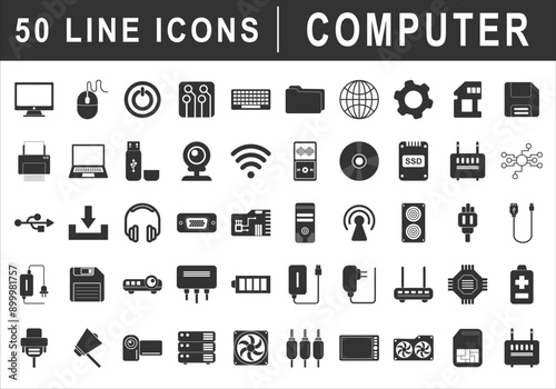 PC Hardware isolated icons set. Set of CPU, motherboard, video graphics card, RAM, HDD, SSD, PC case, wifi router, ethernet switch, desktop computer, mouse, keyboard, webcam outline vector icon