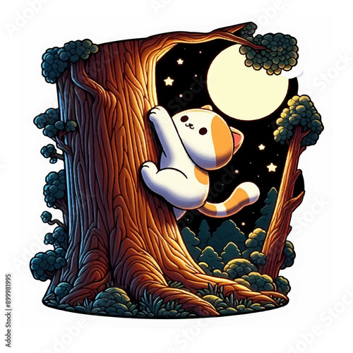 A cute cat clumsily clings to a tree.