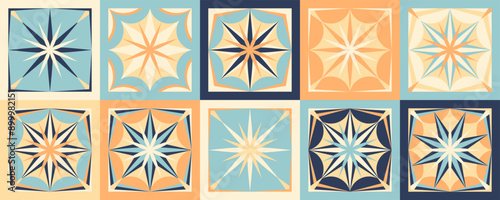 10 square ceramic tiles design collection. Ornamental textile background. colorful patchwork from Azulejo tiles. Portuguese and Spain decor. Islam, Arabic, Indian traditional motif. Folk print. Vector