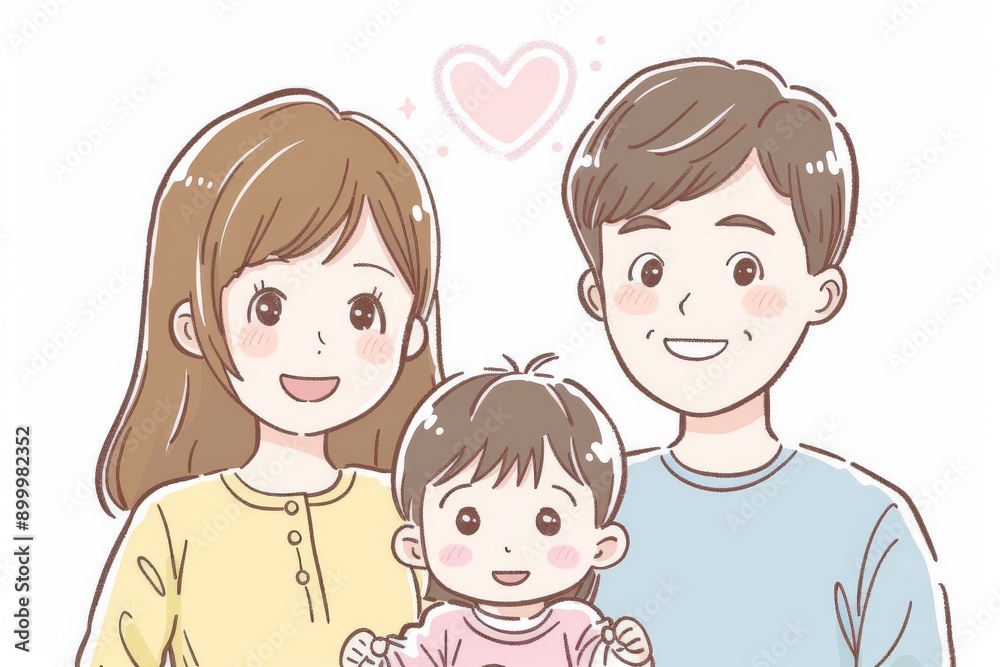 Happy family illustration with parents and child warm colors cute cartoon style smiling faces love and togetherness cozy atmosphere heartwarming scene pastel hues Happy family illustration with parents and child warm colors cute cartoon style smiling faces love and togetherness cozy atmosphere heartwarming scene pastel hues