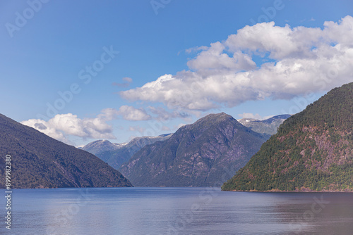 View of the Fjaerlandsfjorden Fjord from the Norwegian Scenic Route of the Gaularfjellet Mountains in July 2024.