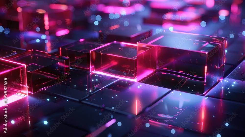 Futuristic 3D shapes with glowing edges and transparent surfaces, creating a high-tech visual.