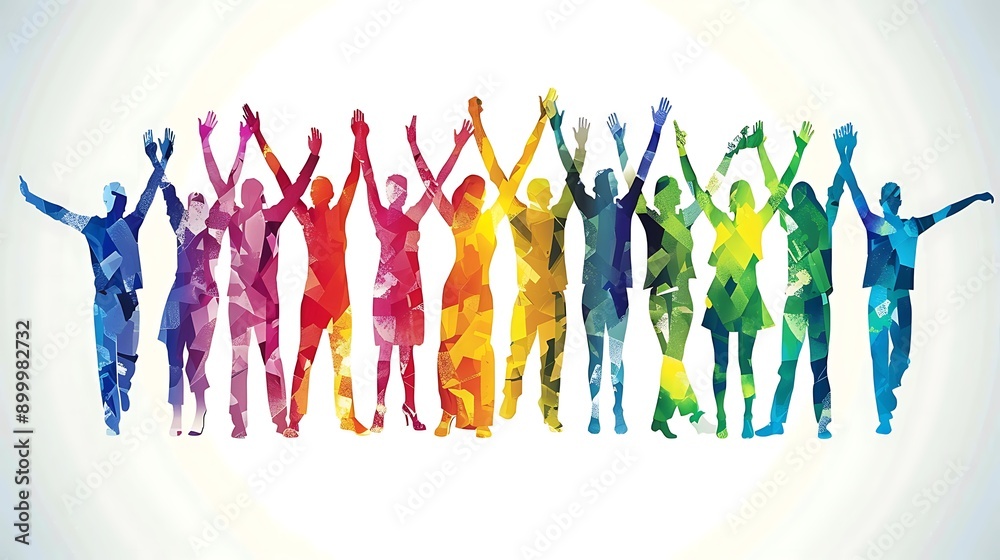 A colorful illustration of people in a group, with their arms raised, symbolizing unity and celebration. A colorful illustration of people in a group, with their arms raised, symbolizing unity and celebration.