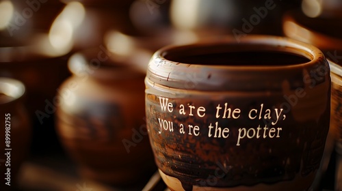 We are the clay, you are the potter - Isaiah 64:8. Highlights divine creativity, authority, and craftsmanship. Ideal for religious projects. Biblical analogy depicting the Lord’s guidance and care.