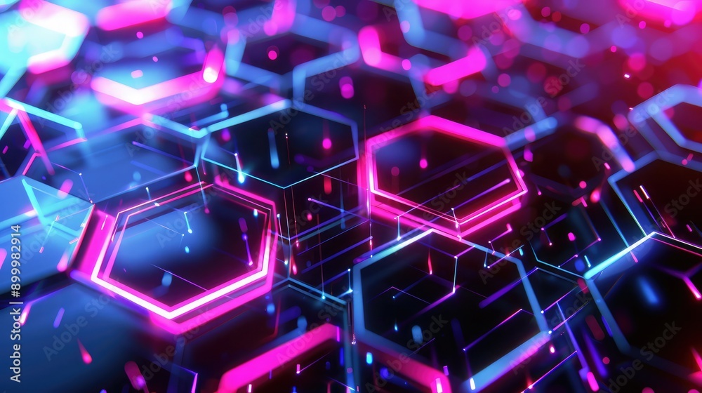 Fototapeta premium Geometric 3D background with overlapping hexagons and neon light effects, creating a futuristic look.