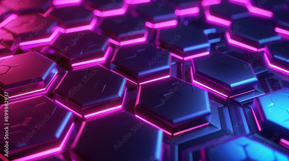 Geometric 3D background with overlapping hexagons and neon light effects, creating a futuristic look Geometric 3D background with overlapping hexagons and neon light effects, creating a futuristic look