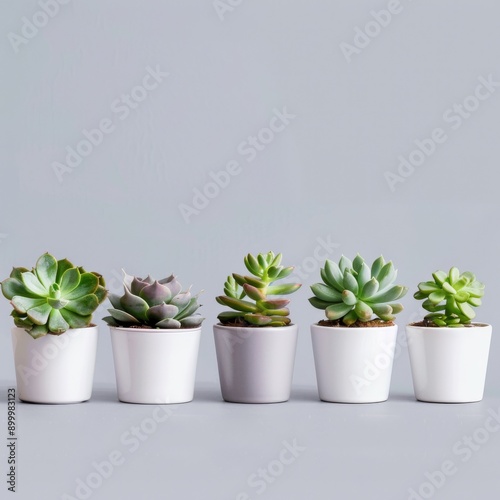 A neat row of succulent plants arranged in white ceramic pots, each plant varying in shape and size. Perfect for adding a touch of greenery and elegance to any indoor setting, these succulents create