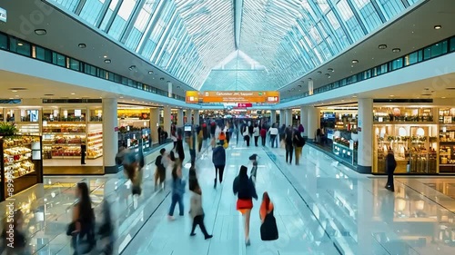 Time-lapse recording of many people walking through a shopping centre and shopping.