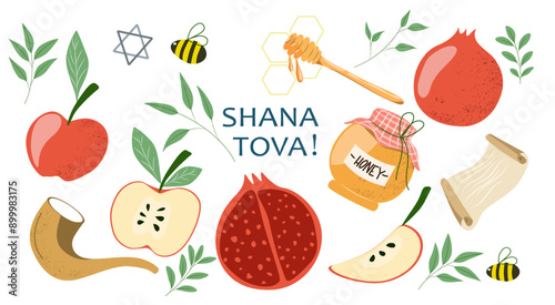 Rosh Hashanah background art with holiday attributes, apples, honey, bee, shofan horn, pomegranate in vector cartoon style for cover design, postcard, frame, packaging, greetings. Shova Tova!