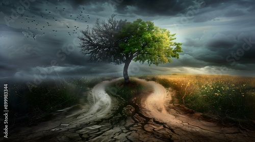 Crossroad decision concept. Making the Right Choices: Emphasizing the importance of decision-making in life and the consequences of choosing different paths. Consequences of Actions. photo