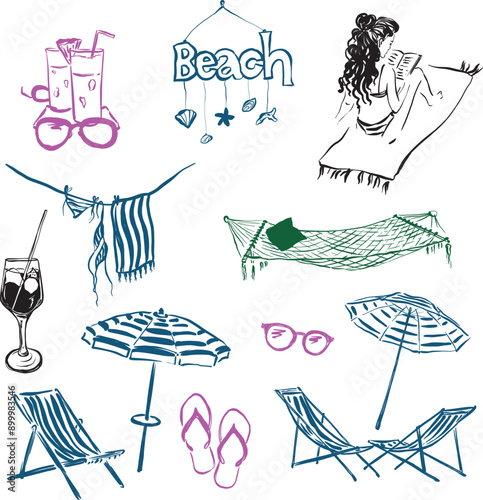Wallpaper Mural Vector linear doodle illustrations. Hand painted beach accessories-umbrella, chaise, hammock, sunglasses and wineglass isolated on white background. For design, print, interior or background. Torontodigital.ca