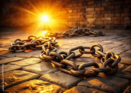 Shackles lie broken on stone floor, intricate iron chains snapped, symbolizing overcoming oppression, freedom, and empowerment, with warm golden light illuminating the dark background. photo