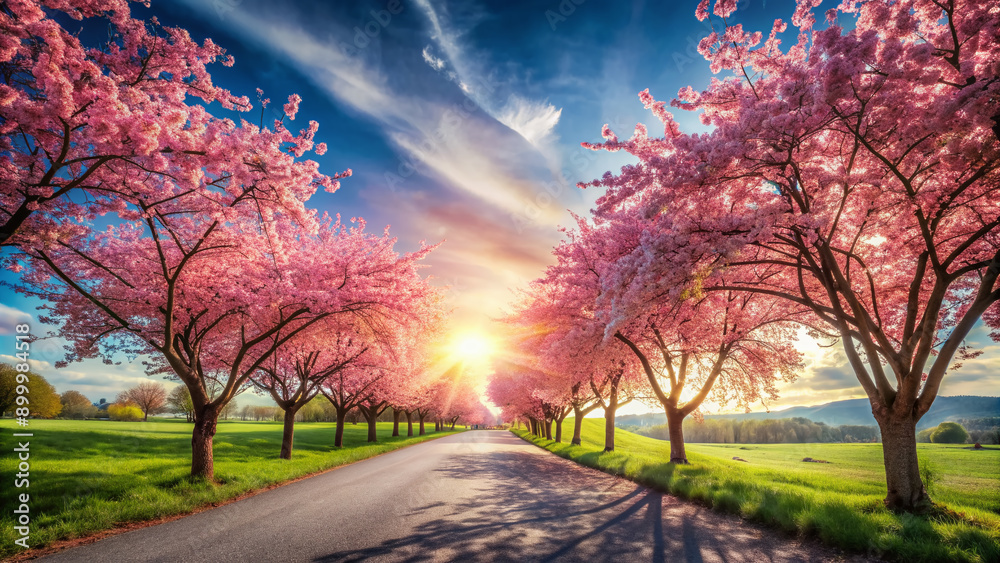 Vibrant pink cherry blossoms bloom abundantly along a serene road, casting a warm glow on the asphalt, against a bright blue sky with scattered clouds. Vibrant pink cherry blossoms bloom abundantly along a serene road, casting a warm glow on the asphalt, against a bright blue sky with scattered clouds.