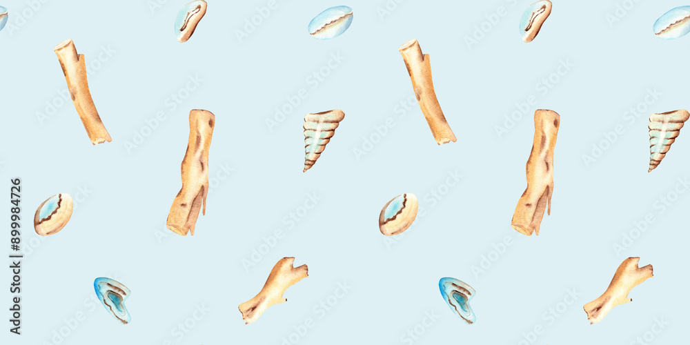 Watercolor Under the sea hand drawn Seamless Pattern with Seashells and Wooden Stocks on a light blue background. For fabric, textiles, clothes, wallpaper, marine beach design. Watercolor Under the sea hand drawn Seamless Pattern with Seashells and Wooden Stocks on a light blue background. For fabric, textiles, clothes, wallpaper, marine beach design.
