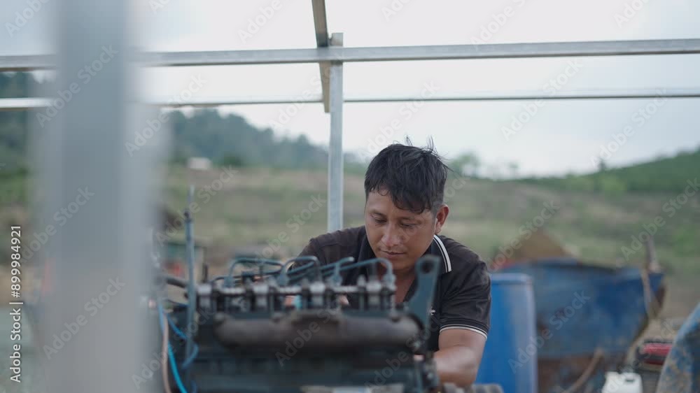 young vietnamese mechanic man smiles happily while tightening the bolts of an engine with a fixed wrench young vietnamese mechanic man smiles happily while tightening the bolts of an engine with a fixed wrench