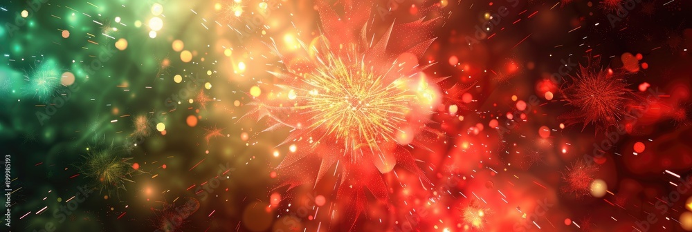 Fototapeta premium Red and green abstract background with festive firework bursts