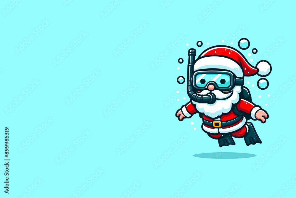 a Scuba diving Santa Claus, equipped with mask, snorkel, air tank, underwater. Creative and quirky depiction of Santa, appearing to the right side, merging Christmas with aquatic adventure. a Scuba diving Santa Claus, equipped with mask, snorkel, air tank, underwater. Creative and quirky depiction of Santa, appearing to the right side, merging Christmas with aquatic adventure.