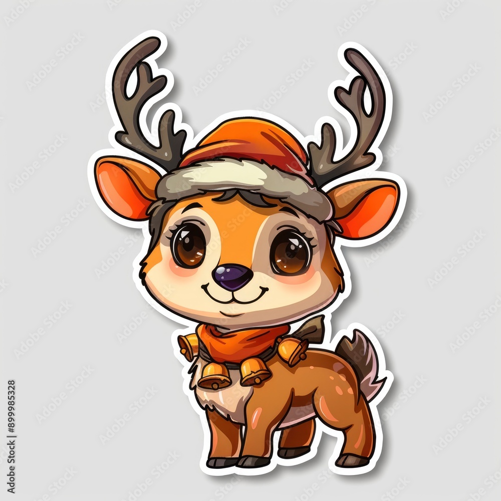 Cute Cartoon Reindeer with Bells and Hat Cute Cartoon Reindeer with Bells and Hat
