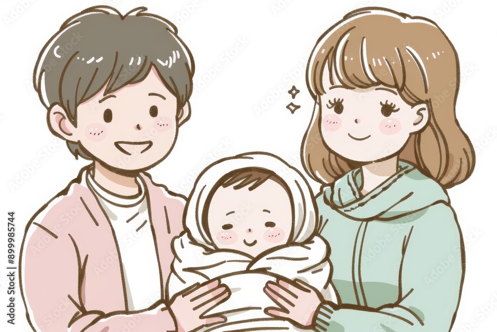 Young family with baby in cute cartoon style warm colors gentle expressions cozy atmosphere digital art heartwarming scene bonding affection pastel hues Young family with baby in cute cartoon style warm colors gentle expressions cozy atmosphere digital art heartwarming scene bonding affection pastel hues
