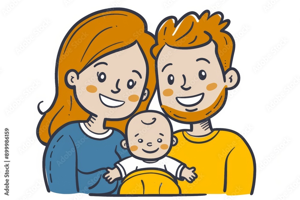 Happy family with baby in vibrant illustration joyful expressions cute cartoon style cozy atmosphere digital art heartwarming scene bonding love and joy lively colors Happy family with baby in vibrant illustration joyful expressions cute cartoon style cozy atmosphere digital art heartwarming scene bonding love and joy lively colors