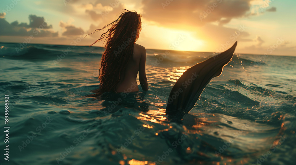 Fototapeta premium Mermaid silhouette in the ocean at sunset with tail 